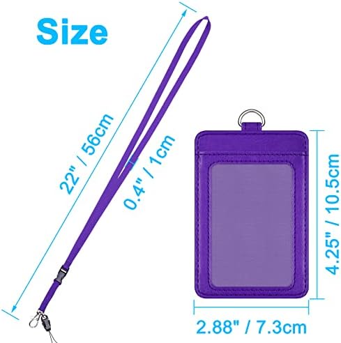 Wisdompro Badge Holder, Double Sided PU Leather Bus Pass Holder with 1 Clear ID Name Window and 1 Identity Credit Card Slot and 22 Inch Detachable Neck Lanyard Strap - Purple (Vertical)