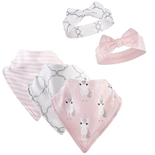 Hudson Baby Unisex Baby Cotton Bib and Headband Set, Pink Unicorn, One Size