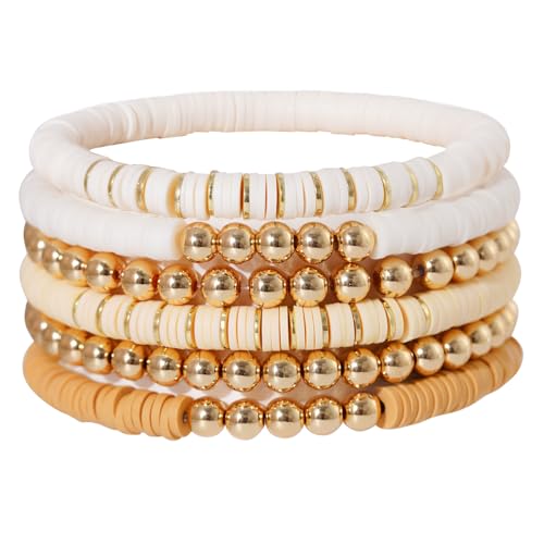 GOOJIDS Surfer Heishi Clay Bead Bracelets for Women Bohemian Stackable Gold Plated Beaded Stretch Bracelets Elastic Layering Friendship Bracelets Set Boho Jewelry