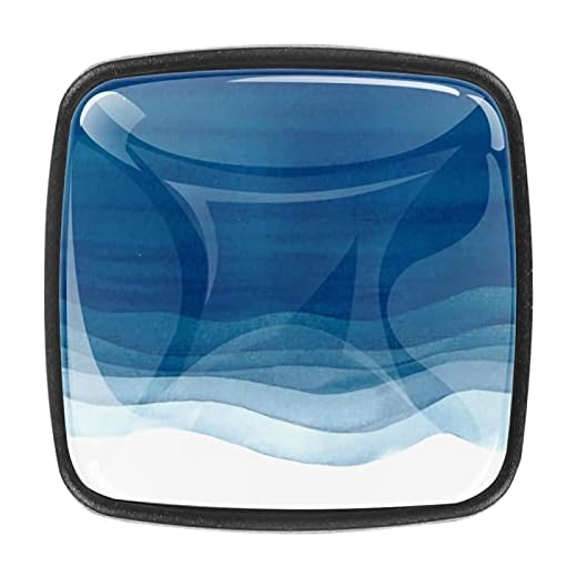 (4 piezas) tiradores de cristal para cajones de armario, tiradores cuadrados para cocina, aparador, armario, baño, armario, acuarela, olas azules, 35 mm