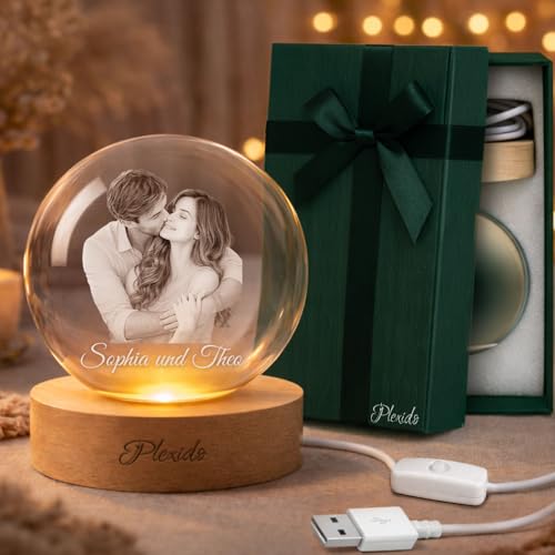 Personalisierte Geschenk für Sie oder Ihn 6 cm oder 8 cm LED Nachtlicht Kristallkugel mit einem Foto im Kristallkugel Glaskugel Lampe aus K9 mit Holzsockel & Warmem Licht Romantisches Geschenkidee