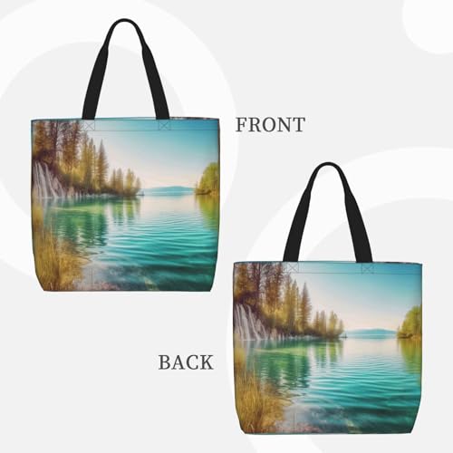 Clean Water and Lake Landscape Tote Bag for Women, Zipper Casual Tote's Handbag for Travel, Work, Lightweight Laptop Bags Big Capacity Shoulder Bag Reusable Grocery Shopping Bags2