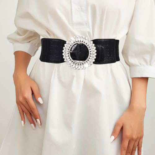 Rhinestone Belts for Women Wide Elastic Belt for Dresses Black Stretchy Waist Belt with Crystal Buckle4