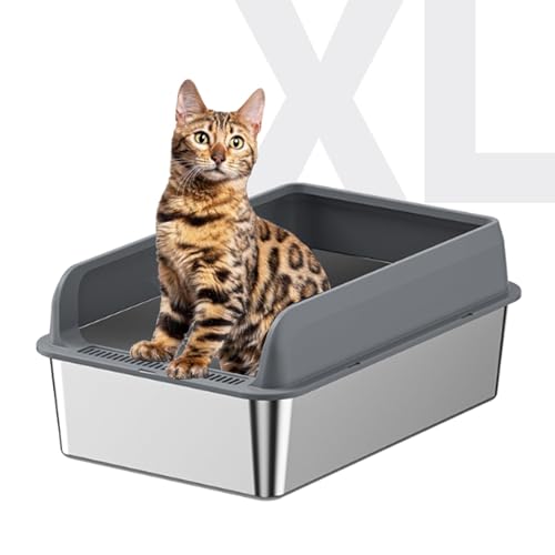 Beauenty Stainless Steel Cat Litter Box with High Sides Anti-Splashing Large Cat Litter Box with Cat Litter Scoop Non-Sticky Metal Litter Box Anti-Leakage Big Non-Stick