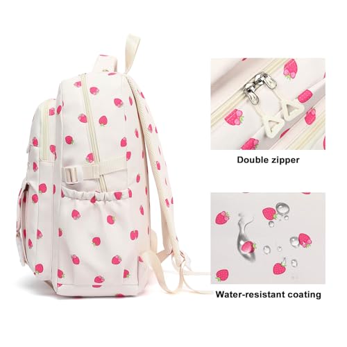 Image of High Middle School Backpack for Girls Travel Kawaii Laptop Kids Bookbag, Strawberry Beige
