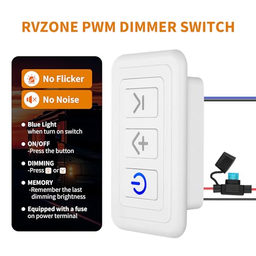 Image of RVZONE White 12‑24V PWM RV Dimmer Switch for LED Halogen Boat Camper Lights | 12‑24V High‑Side PWM Dimmer Switch, 3‑100% dimming with memory,15A, easy install for RV,van & boat lights