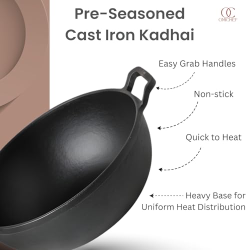 Image of Omichef Pre-Seasoned Cast Iron Kadai with Curved Handle | 25cm / 9.8 Inch, 3.2L (3.3kg) | Induction Friendly | Naturally Non-Stick, Pure & Toxin-Free | Heavy Cast Iron Kadhai No Chemical Coating