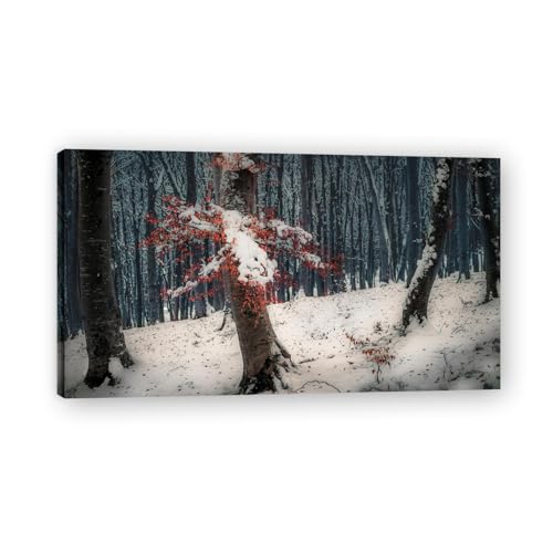 Tableau paysage hiver décoration moderne salon avec montagnes forêt enneigée 40x72