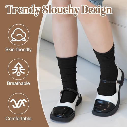 Image of Chalier 5 Pairs Slouchy Socks for Women, Crew Cotton Socks with Cute Roll Top Casual Calf Long Sock