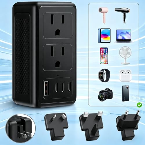 Image of 220V to 110V Voltage Converter US to Europe for Hair Dryer, Upgrade 2000W Power Converter for European Travel with Type C A G I, International Universal Travel Adapter with 1 USB A & 3 Type C (Black)