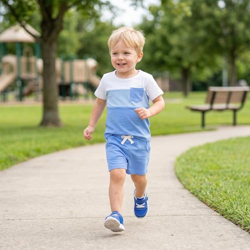 Image of Toddler Boy Clothes Baby Summer Outfit Patchwork Tee Shorts 12M-4T | Soft Patchwork Tee, Pocket Shorts With Stretch Waistband, Breathable For Summer Play, Machine Washable
