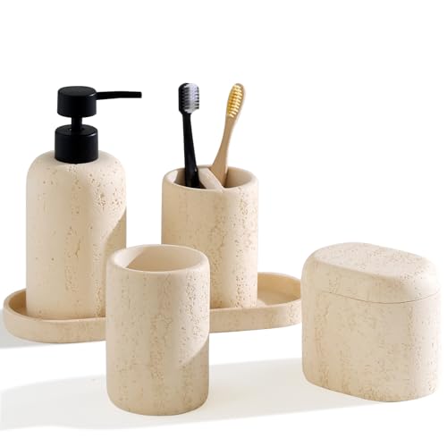 WUUAHOME Bathroom Accessories Set Travertine Stone-Look 5 PCS Bathroom Accessory Set with 13.53 OZ Soap Dispenser Toothbrush Holder Tumbler Vanity Tray Cotton Swab Jars for Countertop (Yellow)
