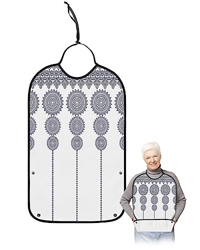 Boho Black Flower Adult Bibs for Eating, Waterproof Bibs with Food Catcher & Adjustable Snap Closure, Modern Geometric Abstract Art Washable Clothing Protectors Adult Bibs for Elderly Women/Men