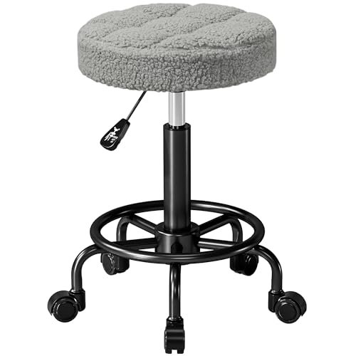 HOMCOM Taburete Giratorio Redondo con Ruedas Altura Ajustable 50-66 cm Taburete Asiento Tapizado en Tejido Borreguito para SPA Salones Talleres Masaje Gris