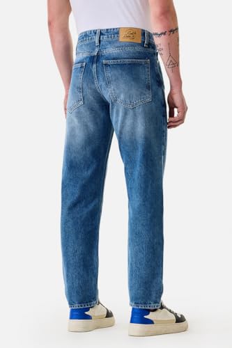 Image of SNITCH Men Casual Jeans | Relaxed Fit Straight Leg Washed Pattern & Drawstring Closure | 100% Cotton Denim Fabric for All Day Comfort & Everyday Wear