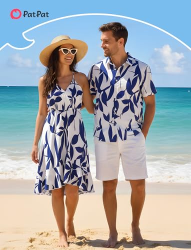 Image of PATPAT Couples Matching Outfits Hawaiian Women Dresses & Men Shirts | Matching Cruise Outfits for Couples, Beach Vacation Outfits, Spaghetti Strap Midi Sundress, Men Boho Tropical Print Shirt