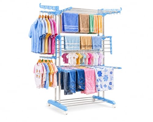 Image of KITCHIVO Premium Clothes Stand for Drying with Wheels | Portable | 3 Layer Rack for Balcony | Foldable Wings | 24 Hanger Rods | Anti Rust Steel Metal (Blue)