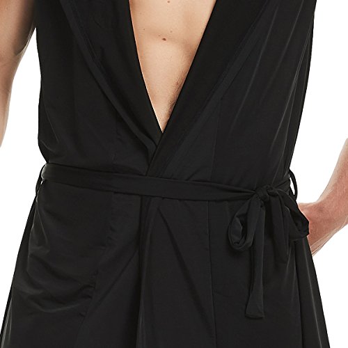 Haseil Men's Silk Kimono Bathrobe Hooded Sleeveless Open Front Sleepwear Pajamas, Black, Tagsizexl=Ussizel #TOP6