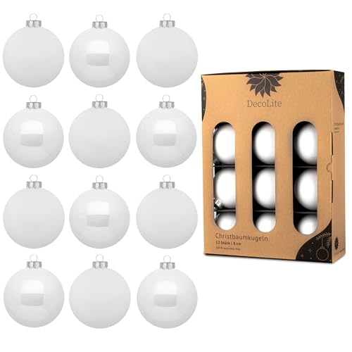 DecoLite: Christbaumkugeln aus Glas Ø 8 cm (12 Stück) - Weiß -...