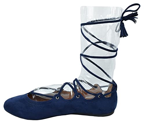 Soda Women's Shoes Ballet Flat Round Toe Lace Up Ankle Tie Gladiator Style Tie Leg Design Noble-S Navy Blue Nubuck Suede 73