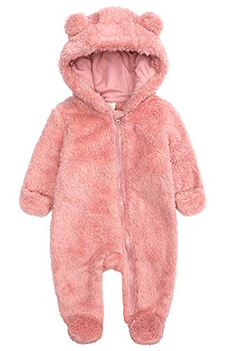 TAOHONG Unisex Baby Bear Ear Hooded Jumpsuit Cotton Fleece Zipper Romper Warm Newborn Kid Winter Outfits Pink