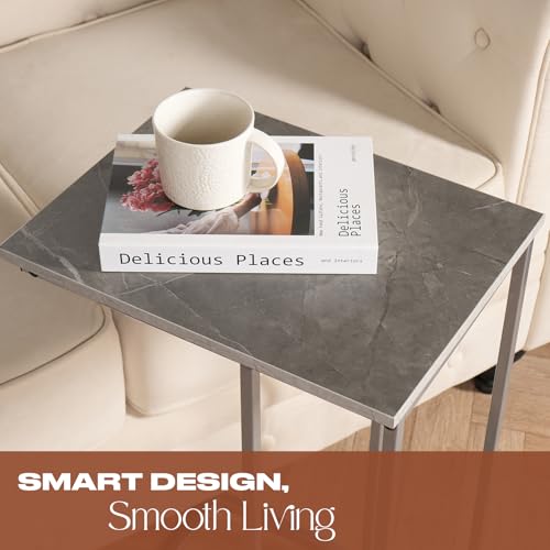 Ohs Grey Side Table C Shape, Coffee Table Over Sofa Metal Frame Storage Decorative Space Saver Side Sofa Table Bedside Bedroom Living Room - Grey Marble - 7
