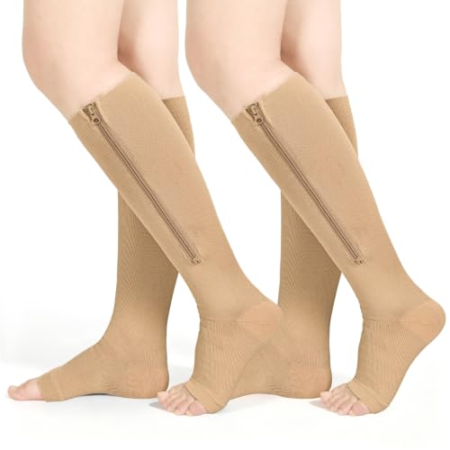 Image of Athbavib 2 Pairs Compression Socks for Women & Men with Zipper 15-20 mmhg, Wide Calf Open Toe Plus Size Compression Socks Men, Knee High Compression Stockings for Flying Nurses Pregnant Women Travel