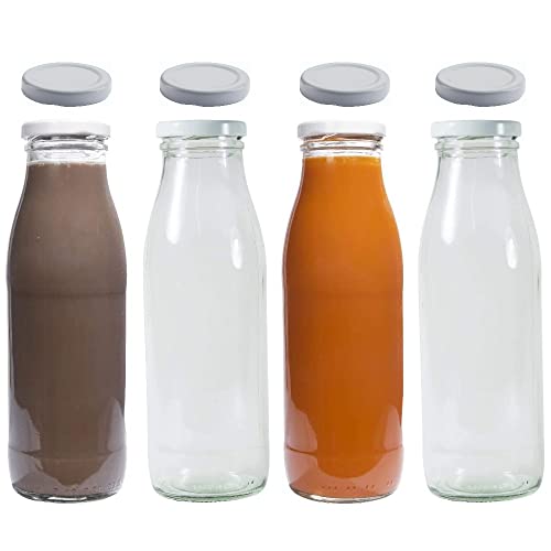 mikken Botella de Cristal de para Zumo de Leche con 8 Tapas, Blanco, Incluye Etiquetas, 500ml Capacidad, Caja de 4