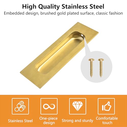 Image of MOROBOR 8pcs Square Brushed Gold Flush Handles Recessed Finger Pulls, 4.7 Inch Length Sliding Door Handles, Stainless Steel Cabinet Pulls for Wardrobe Drawer