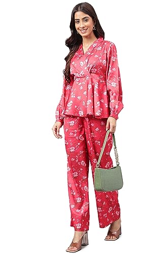 Image of Janasya Women's Red Satin Digital Floral Printed Co-ords Set