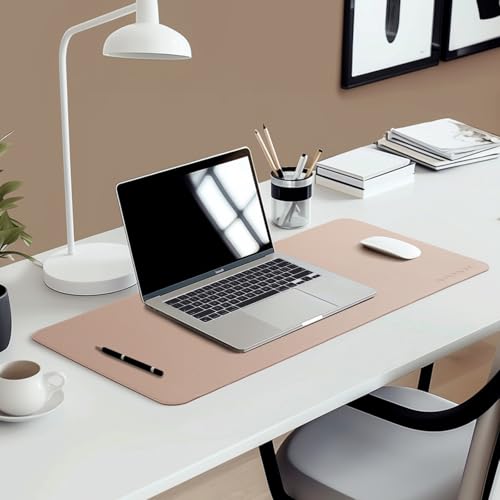Image of AROPANA Vegan Leather Desk Mat | Large Reversible Mouse Pad & Computer Table Protector | Dual-Side Waterproof Extended Laptop Pad with Edge-Stitched Design (70x35CM, Apricot and Orange)