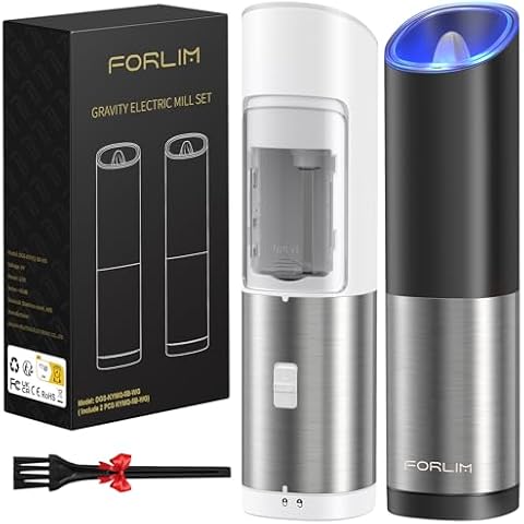 FORLIM Gravity Electric Salt and Pepper Grinder Set, Battery Operated, Adjustable Coarseness, with Blue LED Light, One Hand Automatic Operation, Stainless Steel, 2 Pack(Black+White) Cover