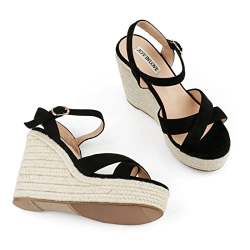 Image of JOY IN LOVE Womens Espadrilles Wedge Sandals Platform Heels Ankle Strap Open Toe Buckle Sandals