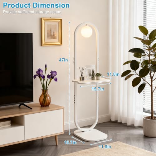 Image of Lightdot 47-Inch Arch Floor Lamp, Modern Standing Lamp with Table, White Metal Frame with Globe Shade, Living Room Bedroom Lighting, G9 LED Bulb Included for Sofa Beside /Corner Decor