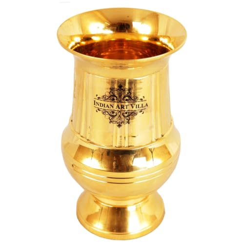 Image of INDIAN ART VILLA Brass Gold Vertical Lining Glass, Traditional Drinking Glass for Water, Lassi, Buttermilk & Milk, Elegant Serveware Tumbler for Home, Kitchen & Restaurant, 200 ML, Set of 6