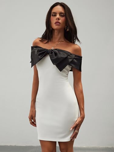 Image of Floerns Women's Off Shoulder Short Sleeve Mini Dress Bow Front Bodycon Dresses