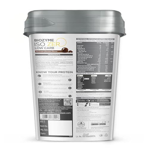 Image of MuscleBlaze Biozyme Iso-Zero, Low Carb Whey Protein Isolate Powder, Ice Cream Chocolate (4kg / 8.8lbs) | 27g Isolate Whey Per Scoop | USA Patent-Published Enhanced Absorption Formula (EAF)