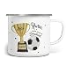 Mikalino Emaille Tasse Hurra, endlich bin ich ein Schulkind Fussball personalisiert mit Wunschname und Datum | handbedruckt in Deutschland, Farbe:weisssilber, Grösse:300ml