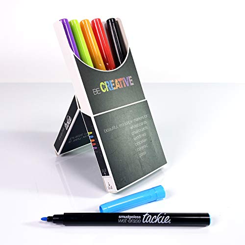 Tackie Markers Fine Point 6-Pack : Smudge-Free Markers for Dry-Erase Whiteboards. Erases with water! Wet-Erase Low Odor Pens. Neon Colors: Red, Teal, Purple, Orange, Green, Black