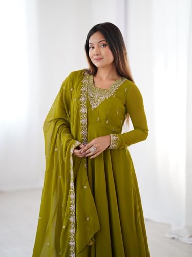 Image of FUSIONIC Premium Mehndi Green Anarkali Set with Heavy Embroidery, Dupatta & Full Stitch Finish
