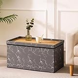 Luxury Foli Print Ottoman Storage Box with Wooden Tea Table Top Foldable Ottoman Storage Bench Seat for Living Room, Bedroom & Hallway Multipurpose Footstool & Marble Design 76×38 ×38cm (Light Grey)