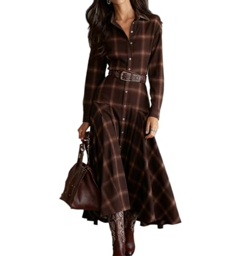 Marrón,L,Vestido Camisero a Cuadros para Mujer, Vestido Occidental Largo Elegante Vintage de Manga Larga con Botones y Dobladillo con Volantes