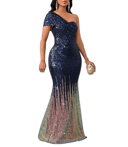 Image of Cololura Women Sexy Sequin One Shoulder Mermaid Formal Party Cocktail Gowns Bodycon Evening Maxi Dress