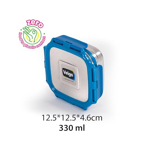 Image of Veigo Stainless Steel Snack Box 300 ml, Airtight Leakproof Kids Tiffin for School & Office, Freezer Dishwasher Safe, Silicone Ring Polymer Frame, Safe Lid Lock, Compact Lunch Box - Dark Blue, Medium