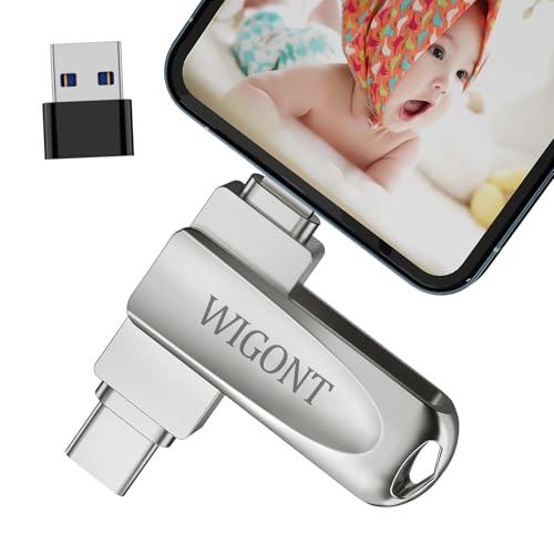 WIGONT USB Stick 128GB, 3 in 1 USB Stick um mehr Fotos und Videos zu Speichern. Speicherstick für i0S/Android/PC, mit Separatem USB Adapter. Speicherstick für Handy Keine APP Erforderlich.