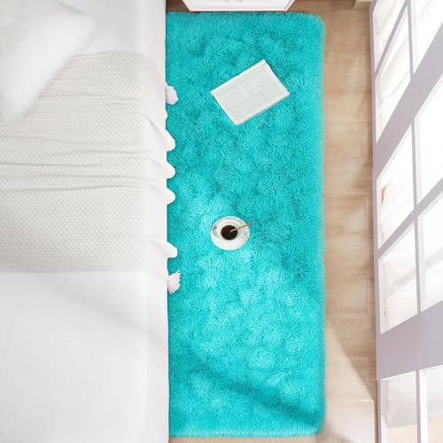 Image of Naze Carpet for Hallway, Kitchen, and Modern Interiors, Contemporary Color Block Area Rug - Cozy Shag Runner for Living Room, Entryway & Office Decor ETC Size 2x6 feet, Patten-Solid Ivory Turqoice
