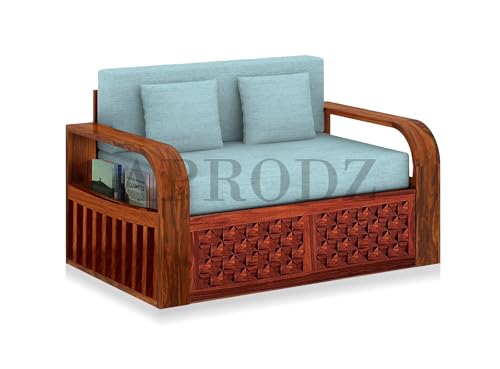 Image of APRODZ Geometric Solid Sheesham Wood Sofa Cum Bed 2 Seater Velevt Fabric with Blue Upholstery & Cushion Perfect Sofa Furniture for Home Living Office Room and Guests (Honey Finish 75x51x30-Inch)