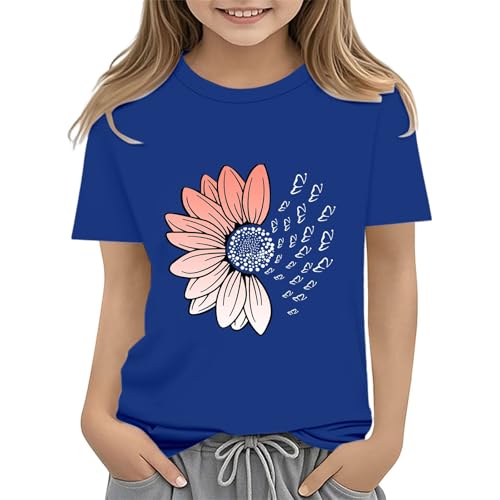 Girls Loose Fit Sunflower Graphic T Shirts Short Sleeve Crewneck Cute Pattern Printed Tops Kids (B-Blue, 6-7 Years)