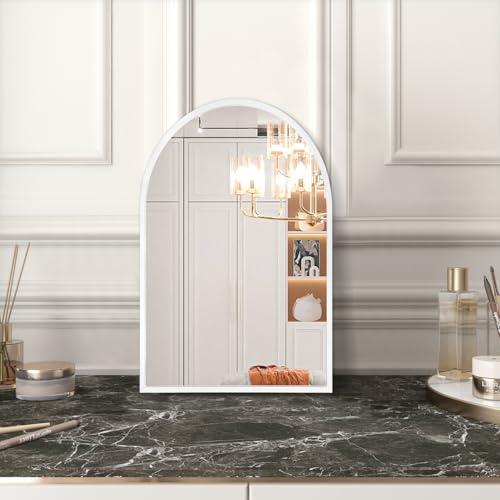 Image of Arched Wall Mirror Aluminum Alloy Frame Bathroom Mirror Brushed Metal Vanity Wall Mounted Mirrors for LivingRoom Bedroom Entryway Room Home Decor White 16 inchx12 inch
