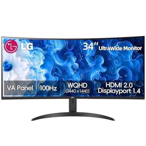 Image of LG 34 Inch UltraWide Monitor, WQHD (3440x1440) Curved Display, 100Hz, sRGB 99%, HDR10, Black Stabilizer, Dynamic Action Sync, PBP, Auto Input Switch, Dual Controller, 1 x DisplayPort, 2 x HDMI, Black